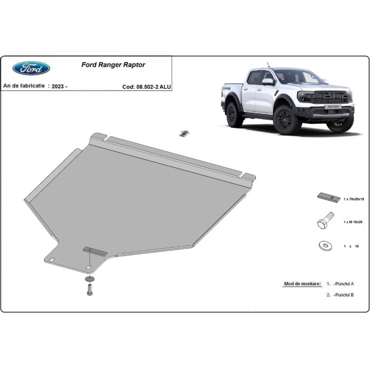 Aluminium Skid Plate for Gearbox, Scut Protection, Ford Ranger Raptor 2023 - Present - EDK.ro