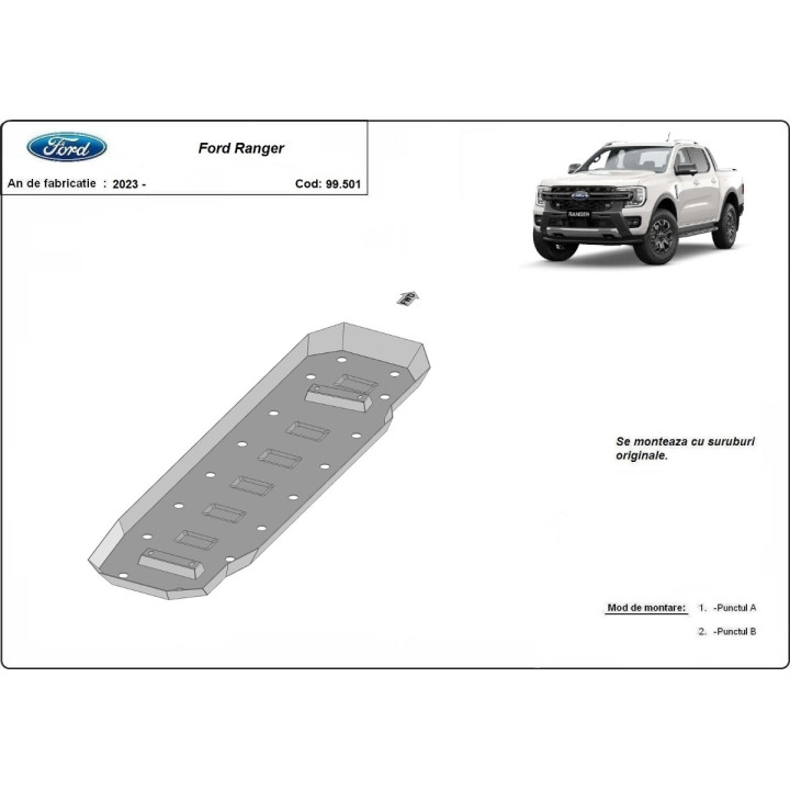 Skid Plate for Fuel Tank, Scut Protection, Ford Ranger 2023 - Present - EDK.ro