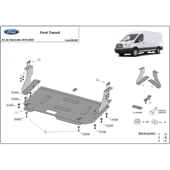 Skid Plate for Engine, Scut Protection Front Wheel Drive, Ford Transit 2013 - 2020 - EDK.ro