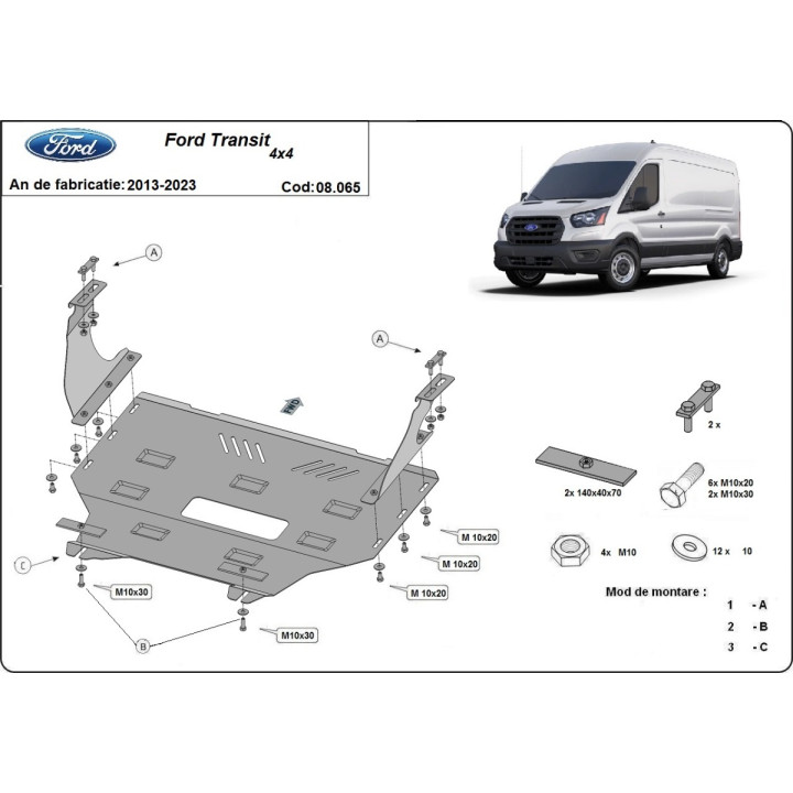 Skid Plate for Engine, Scut Protection 4x4, Ford Transit 2013 - 2023 - EDK.ro