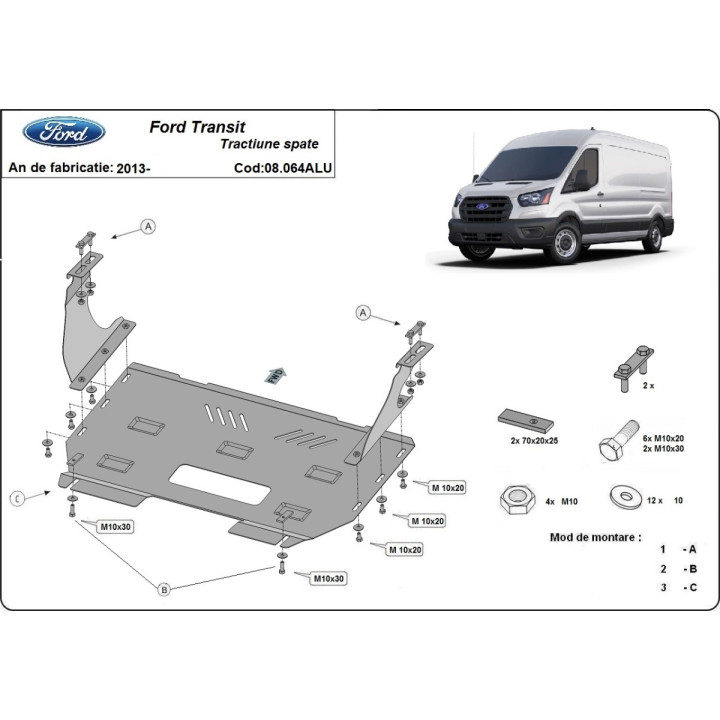 Scut Motor din Aluminiu, Scut Protection Tracțiune Spate, Ford Transit 2013 - Prezent - EDK.ro