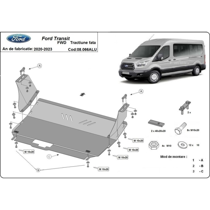 Aluminium Skid Plate for Engine, Scut Protection Front Wheel Drive, Ford Transit 2020 - Present - EDK.ro