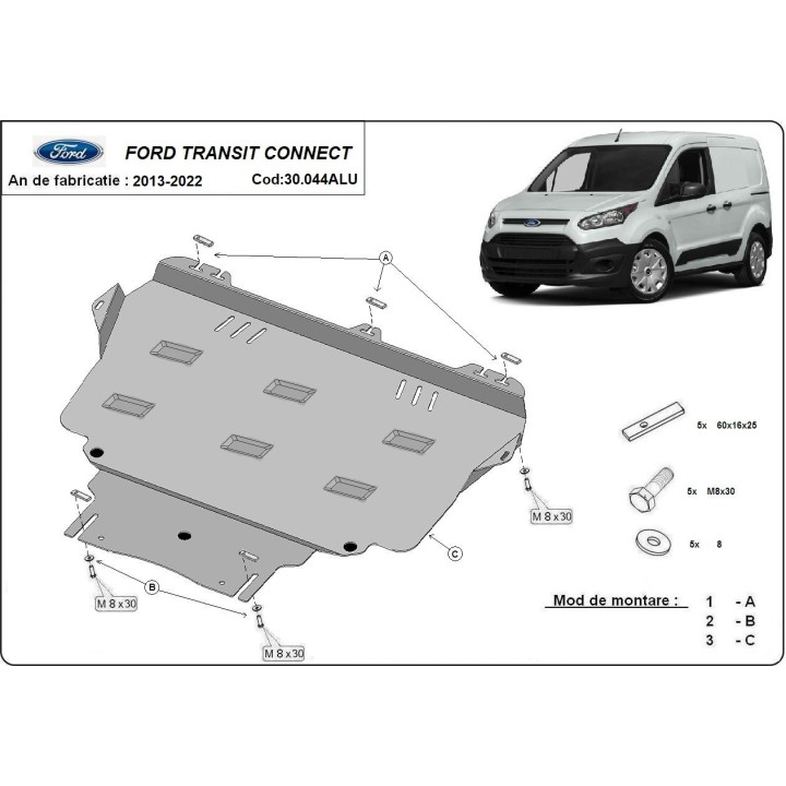 Aluminium Skid Plate for Engine, Scut Protection, Ford Transit Connect 2013 - 2022 - EDK.ro