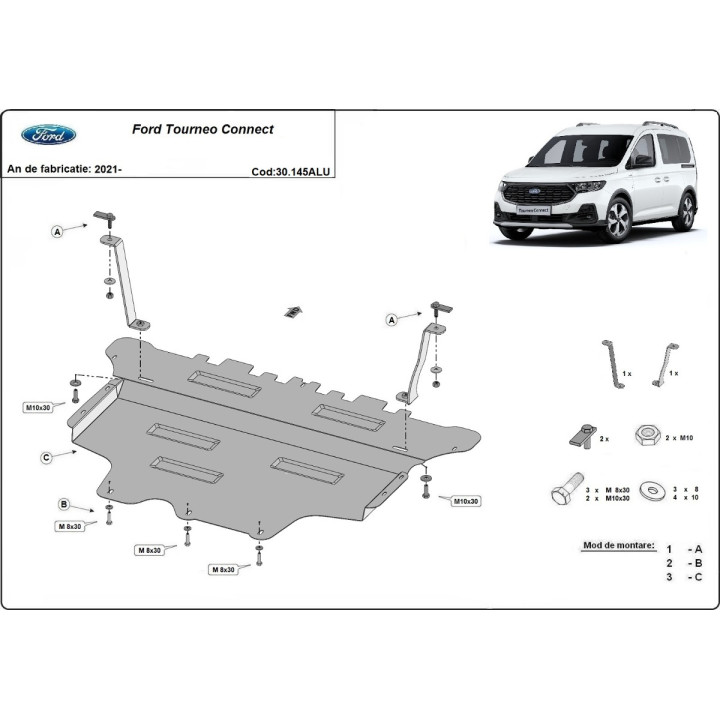 Aluminium Skid Plate for Engine, Scut Protection Tourneo Connect, Ford Transit Connect 2021 - Present - EDK.ro