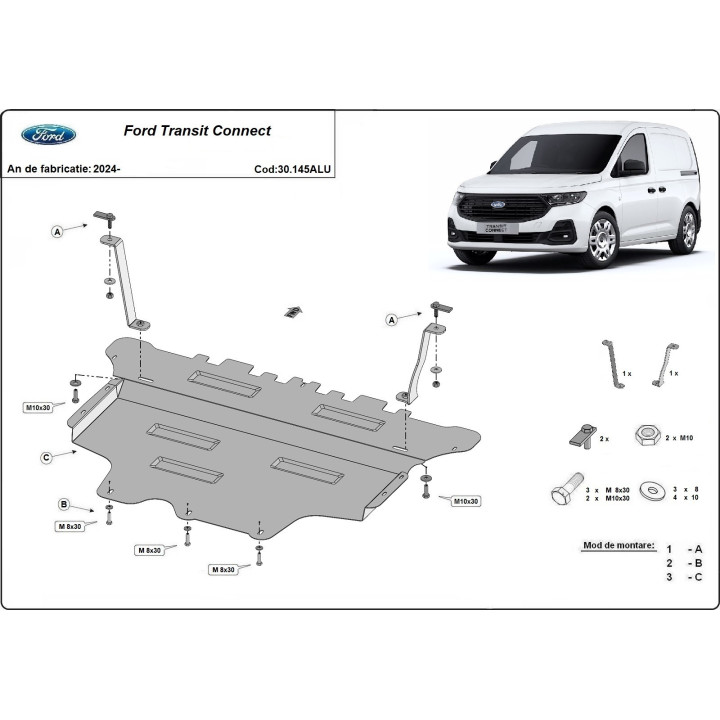 Aluminium Skid Plate for Engine, Scut Protection, Ford Transit Connect 2024 - Present - EDK.ro