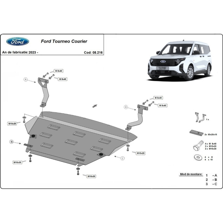 Scut Motor din Metalic, Scut Protection Tourneo Courier Lic, Ford Transit Courier 2023 - Prezent - EDK.ro