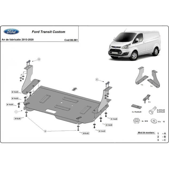 Skid Plate for Engine and Gearbox, Scut Protection, Ford Transit Custom 2013 - 2020 - EDK.ro