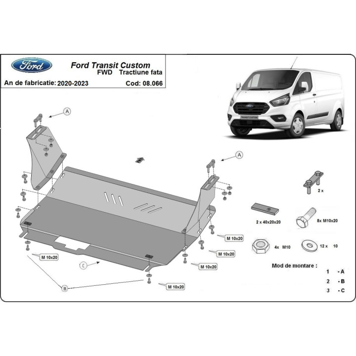 Skid Plate for Engine and Gearbox, Scut Protection, Ford Transit Custom 2020 - 2023 - EDK.ro