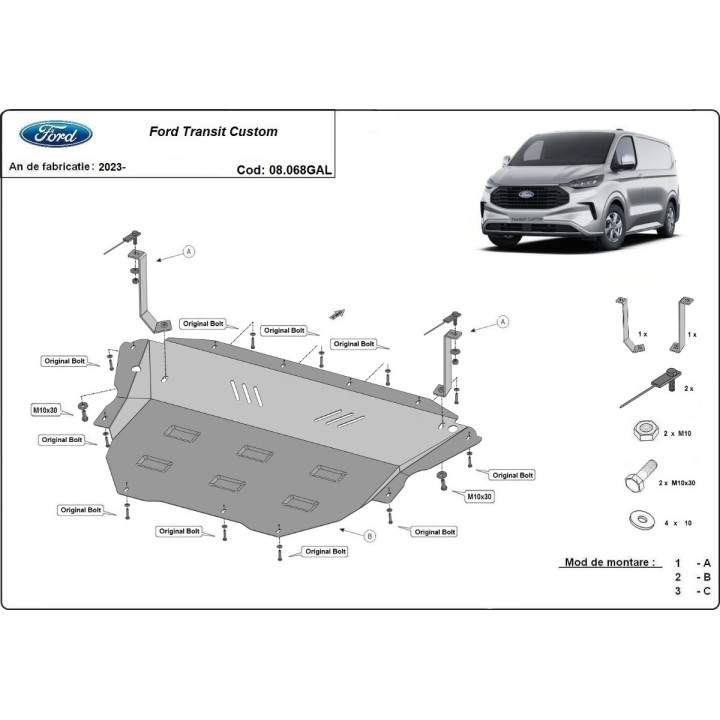 Galvanised Steel Skid Plate for Engine, Scut Protection, Ford Transit Custom 2023 - Present - EDK.ro