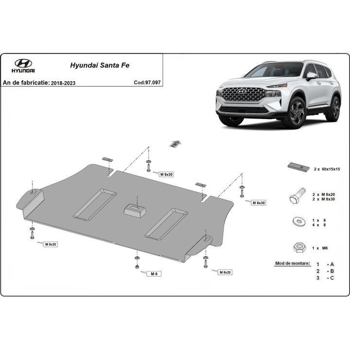 Skid Plate for Catalytic Converter, Scut Protection, Hyundai Santa Fe 2018 - 2023 - EDK.ro