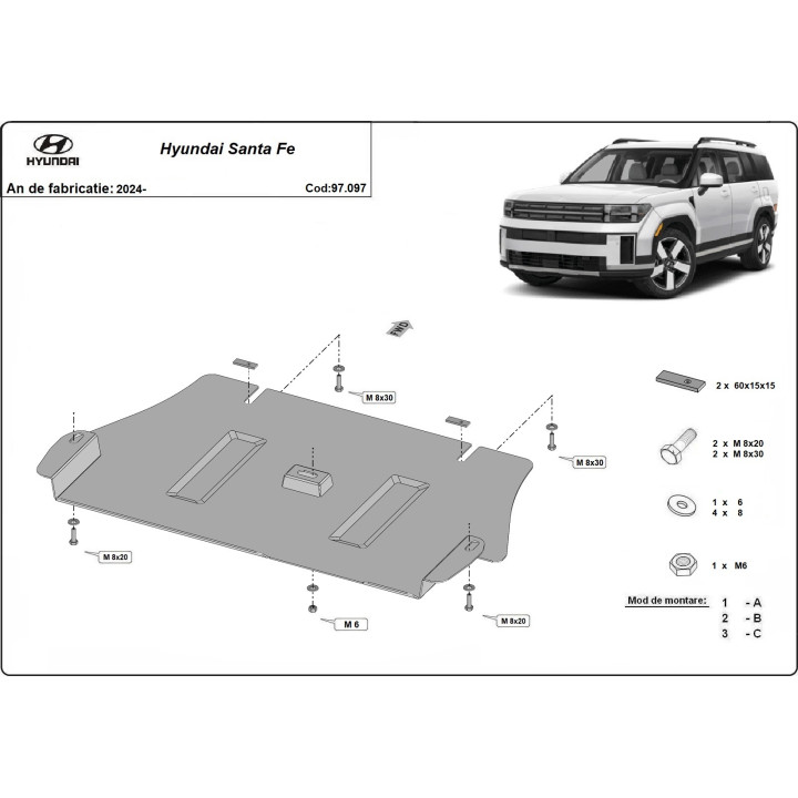 Skid Plate for Catalytic Converter, Scut Protection, Hyundai Santa Fe 2024 - Present - EDK.ro