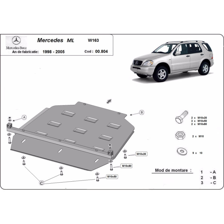 Skid Plate for Gearbox and Transfer Case, Scut Protection W163, Mercedes-Benz ML 1998 - 2005 - EDK.ro