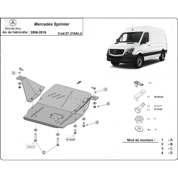 Aluminium Skid Plate for Engine and Gearbox, Scut Protection, Mercedes-Benz Sprinter 2006 - 2018 - EDK.ro