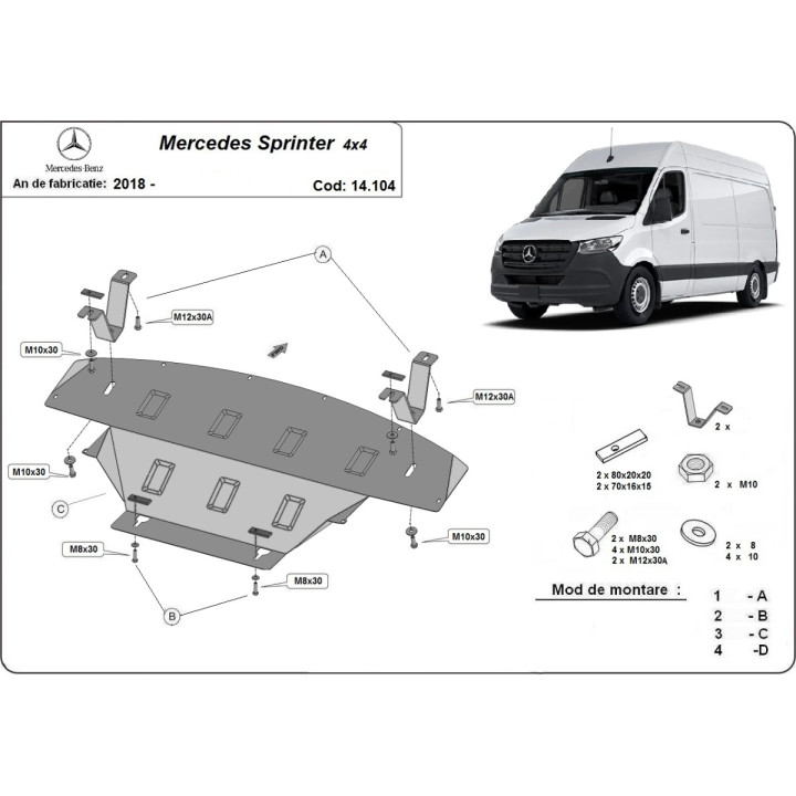 Skid Plate for Engine, Scut Protection 4x4, Mercedes-Benz Sprinter 2018 - 2023 - EDK.ro