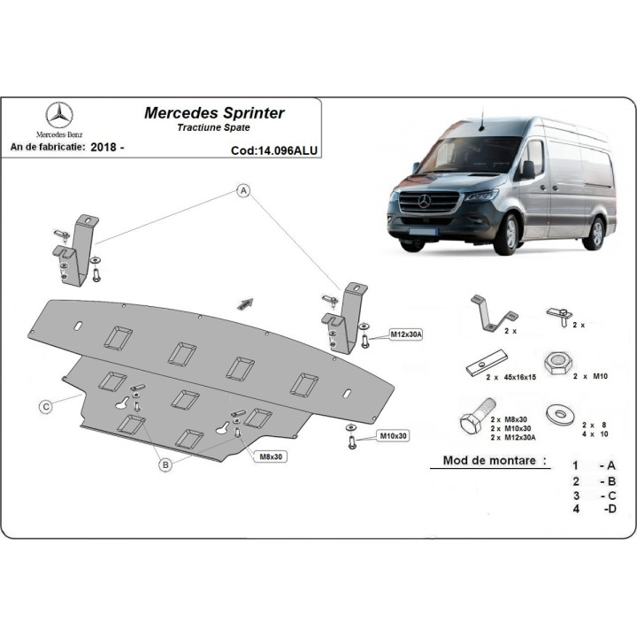 Aluminium Skid Plate for Engine, Scut Protection Rear Wheel Drive, Mercedes-Benz Sprinter 2018 - Present - EDK.ro