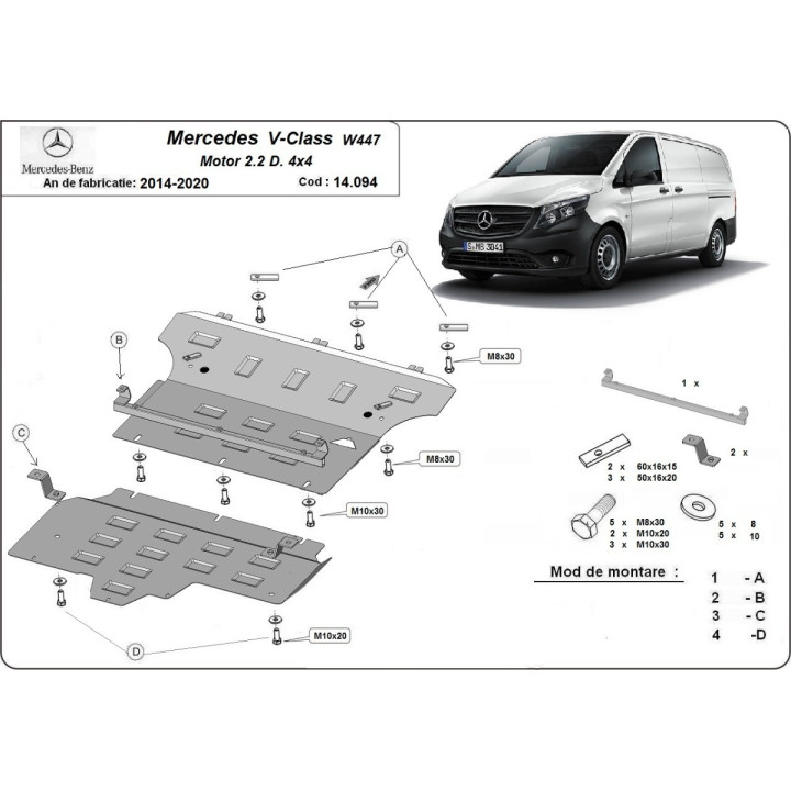 Skid Plate for Engine, Scut Protection 2.2 D 4x4, Mercedes-Benz V-Class 2014 - 2020 - EDK.ro