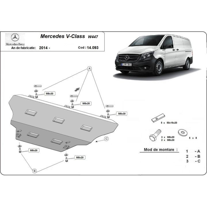 Skid Plate for Engine, Scut Protection 4x2 1.6 D, Mercedes-Benz V-Class 2014 - Present - EDK.ro