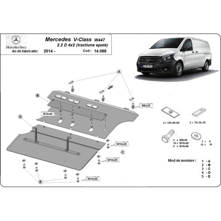Skid Plate for Engine, Scut Protection 2.2 D 4x2 (Rear Wheel Drive), Mercedes-Benz V-Class 2014 - Present - EDK.ro