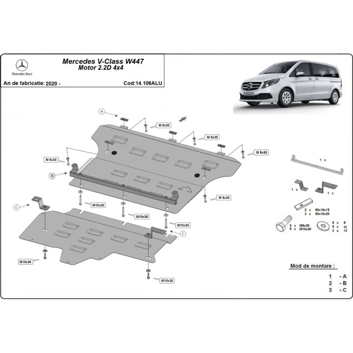 Aluminium Skid Plate for Engine, Scut Protection 4x4, Mercedes-Benz V-Class 2020 - Present - EDK.ro