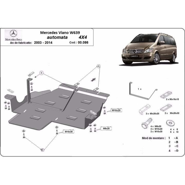 Metal Skid Plate for Gearbox and Transfer Case, Scut Protection Automatic 4x4 Version, Mercedes-Benz Viano 2003 - 2014 - EDK.ro
