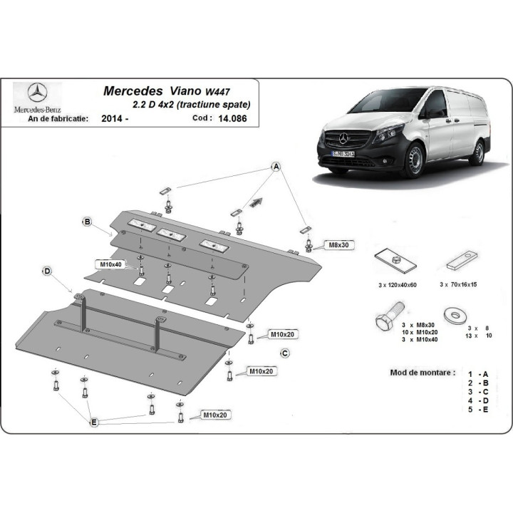 Skid Plate for Engine, Scut Protection 2.2 D 4x2 (Rear Wheel Drive), Mercedes-Benz Viano 2014 - Present - EDK.ro