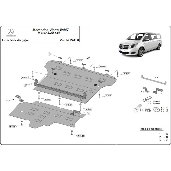 Aluminium Skid Plate for Engine, Scut Protection 4x4, Mercedes-Benz Viano 2020 - Present - EDK.ro