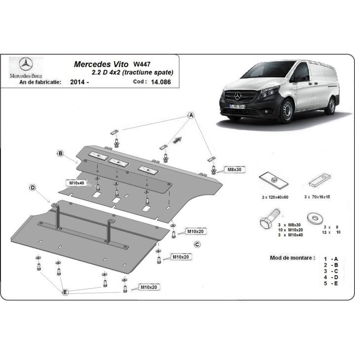 Skid Plate for Engine, Scut Protection 2.2 D 4x2 (Rear Wheel Drive), Mercedes-Benz Vito 2014 - Present - EDK.ro