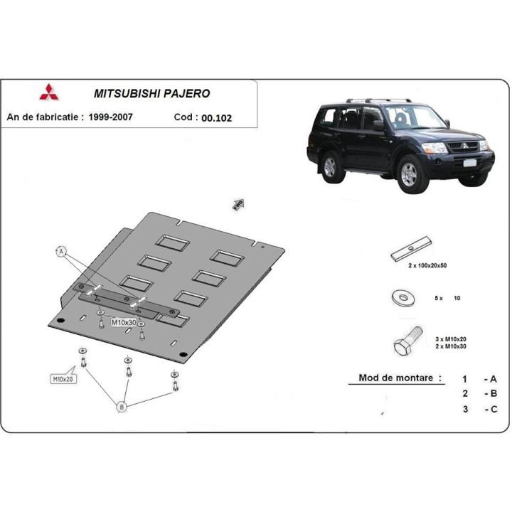 Skid Plate for Gearbox, Scut Protection 3, Mitsubishi Pajero, Volvo V60 / V70 1999 - 2007 - EDK.ro