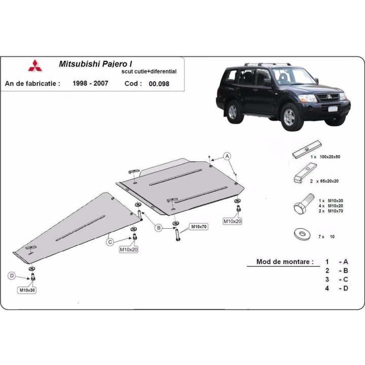 Skid Plate for Gearbox and Differential, Scut Protection 1, Mitsubishi Pajero Sport 1998 - 2007 - EDK.ro