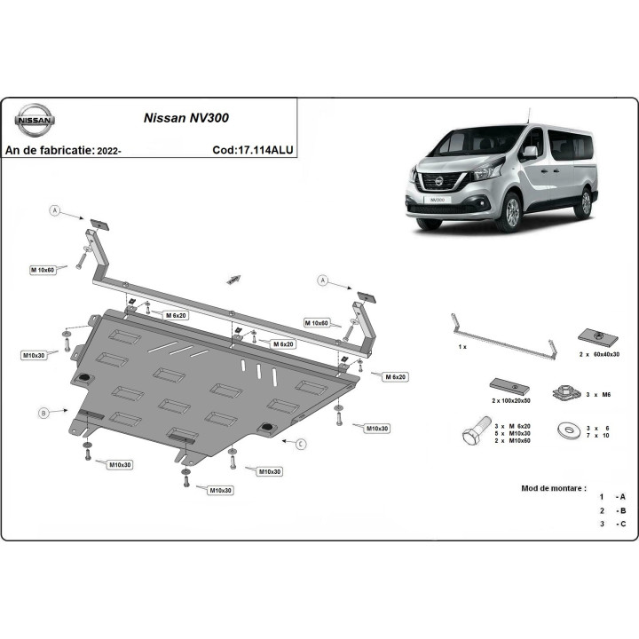 Aluminium Skid Plate for Engine, Scut Protection, Nissan NV300 2022 - Present - EDK.ro