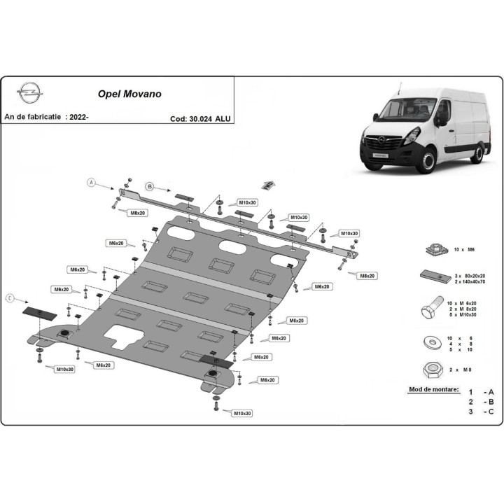 Scut Motor din Aluminiu, Scut Protection, Opel Movano 2022 - Prezent - EDK.ro
