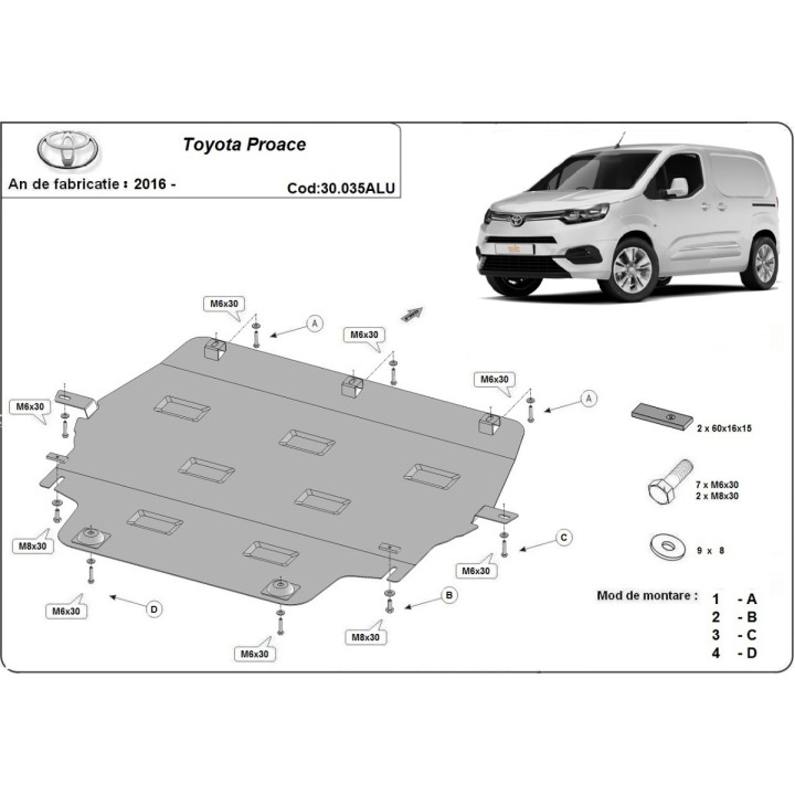 Aluminium Skid Plate for Engine, Scut Protection, Toyota ProAce 2016 - Present - EDK.ro