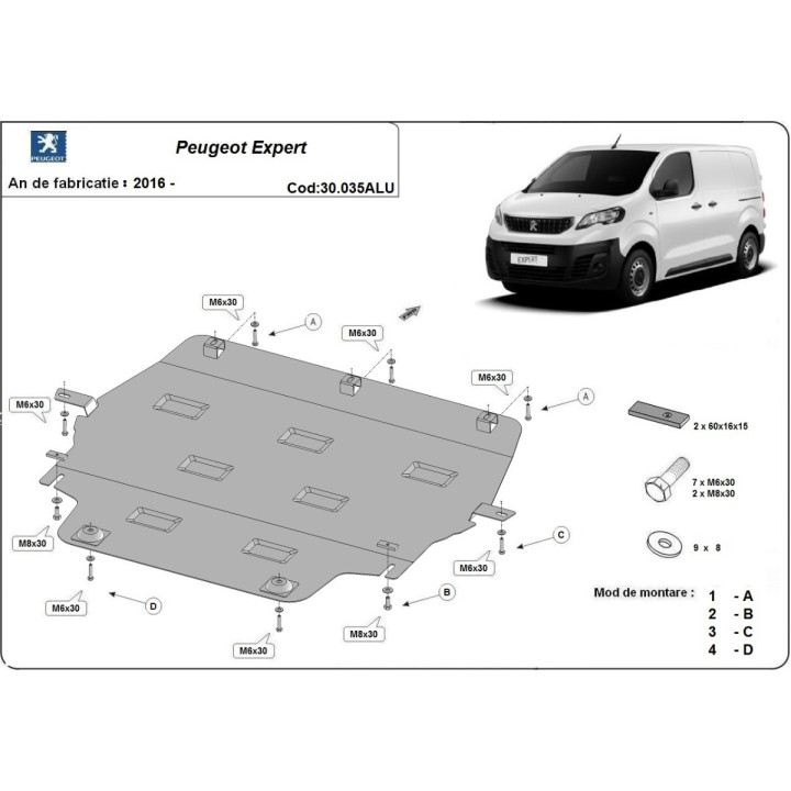Aluminium Skid Plate for Engine, Scut Protection, Peugeot Expert 2016 - Present - EDK.ro