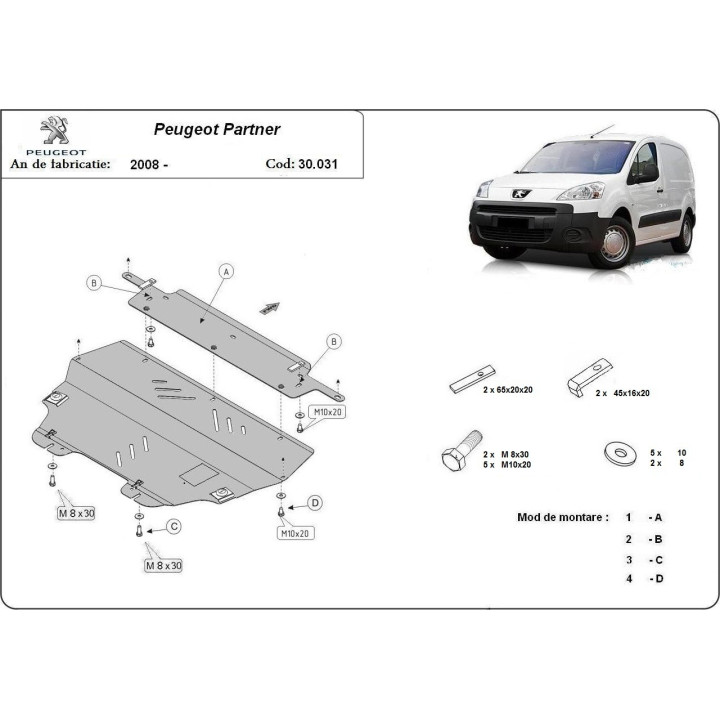 Skid Plate for Engine, Scut Protection Tepee, Peugeot Partner 2008 - 2020 - EDK.ro