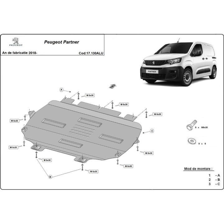 Aluminium Skid Plate for Engine, Scut Protection, Peugeot Partner 2018 - Present - EDK.ro