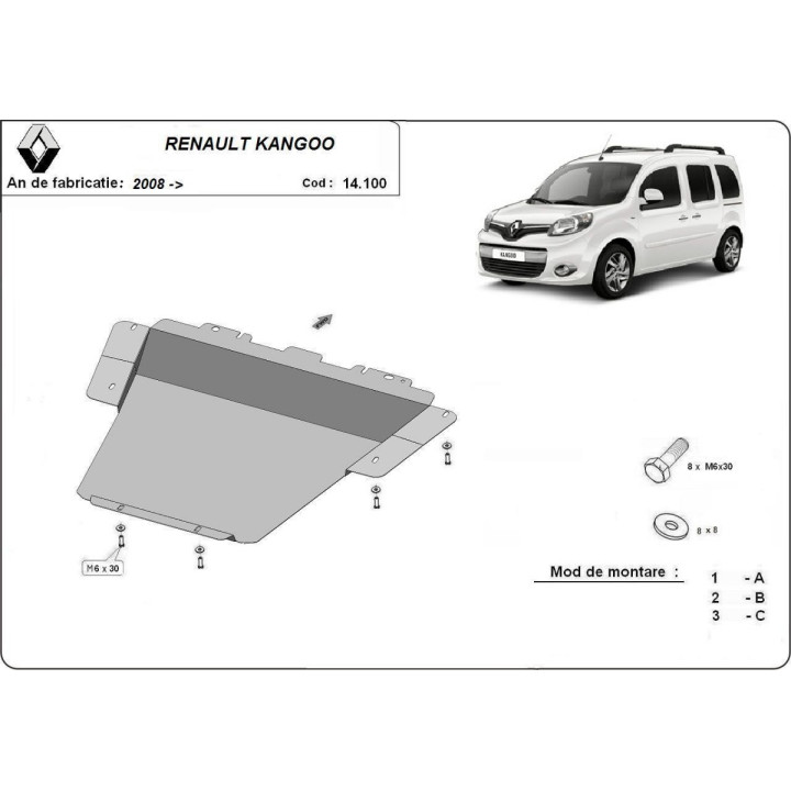 Skid Plate for Engine, Scut Protection, Renault Kangoo 2008 - 2021 - EDK.ro