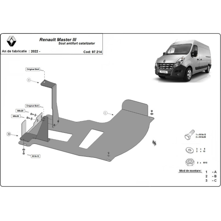 Skid Plate for Catalytic Converter, Scut Protection 3 Anti Theft, Renault Master 2022 - Present - EDK.ro