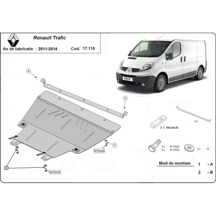 Skid Plate for Engine, Scut Protection, Renault Trafic 2011 - 2014 - EDK.ro