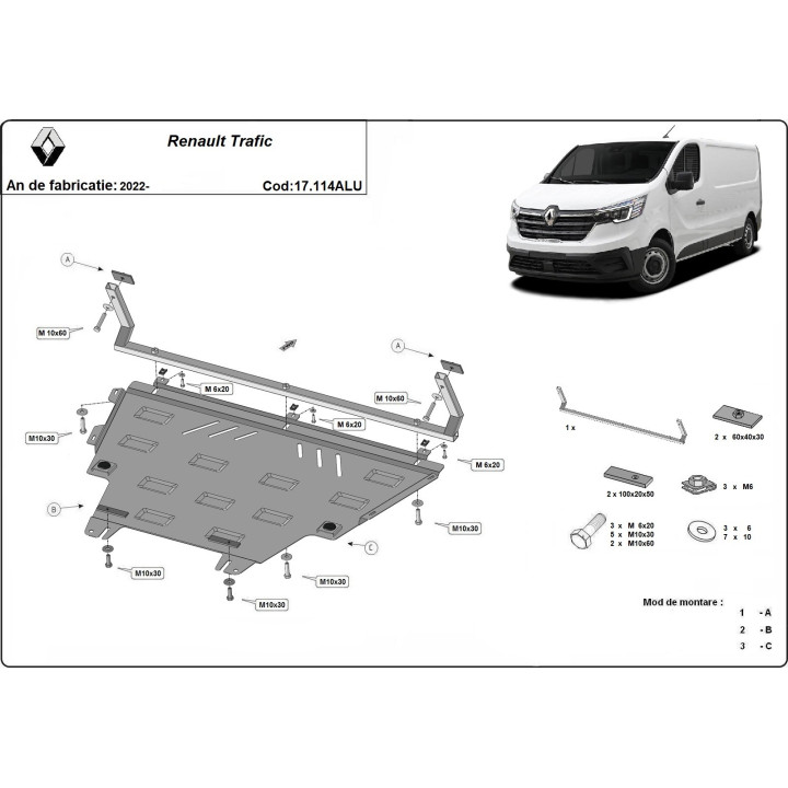 Aluminium Skid Plate for Engine, Scut Protection, Renault Trafic 2022 - Present - EDK.ro
