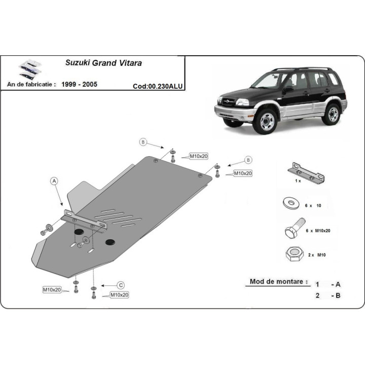 Aluminium Skid Plate for Gearbox, Scut Protection, Suzuki Grand Vitara 1999 - 2005 - EDK.ro