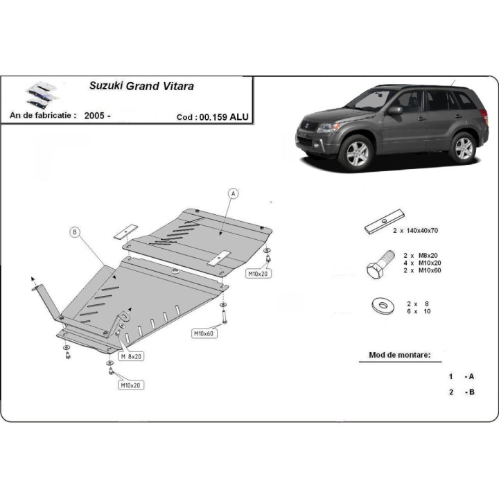 Aluminium Skid Plate for Gearbox, Scut Protection 2, Suzuki Grand Vitara 2005 - 2019 - EDK.ro