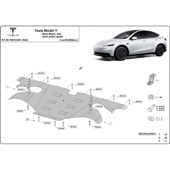 Aluminium Skid Plate for Engine, Scut Protection AWD Rear, Tesla Model Y 2024 - Present - EDK.ro