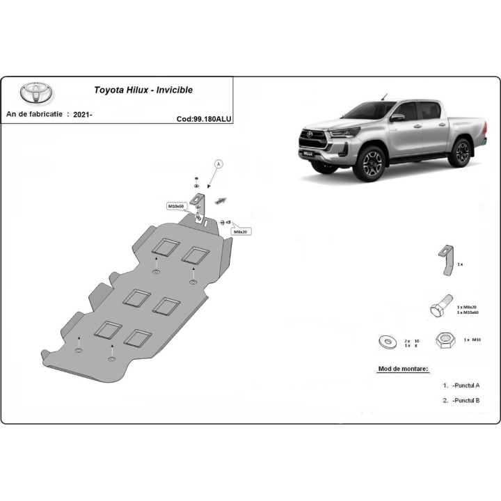 Aluminium Skid Plate for Fuel Tank, Scut Protection, Toyota Hilux Invincible 2021 - Present - EDK.ro