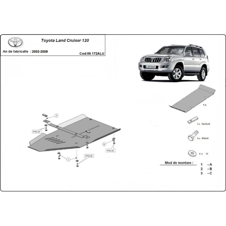 Aluminium Skid Plate for Gearbox, Scut Protection, Toyota Land Cruiser 2002 - 2009 - EDK.ro