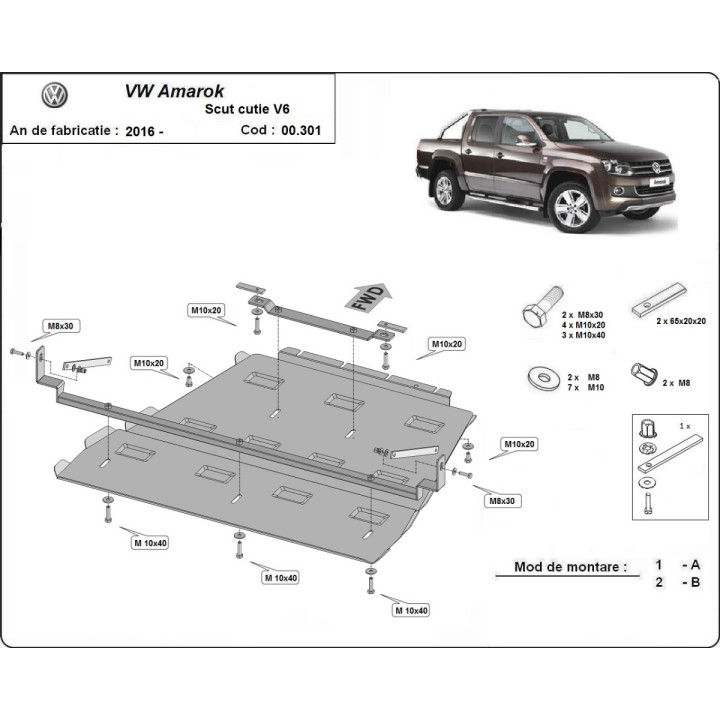 Skid Plate for Gearbox and Differential, Scut Protection V6 Automatic, Volkswagen Amarok 2016 - 2022 - EDK.ro