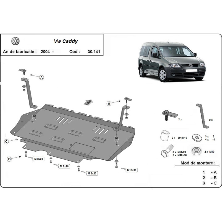 Skid Plate for Engine, Scut Protection, Volkswagen Caddy 2003 - 2012 - EDK.ro