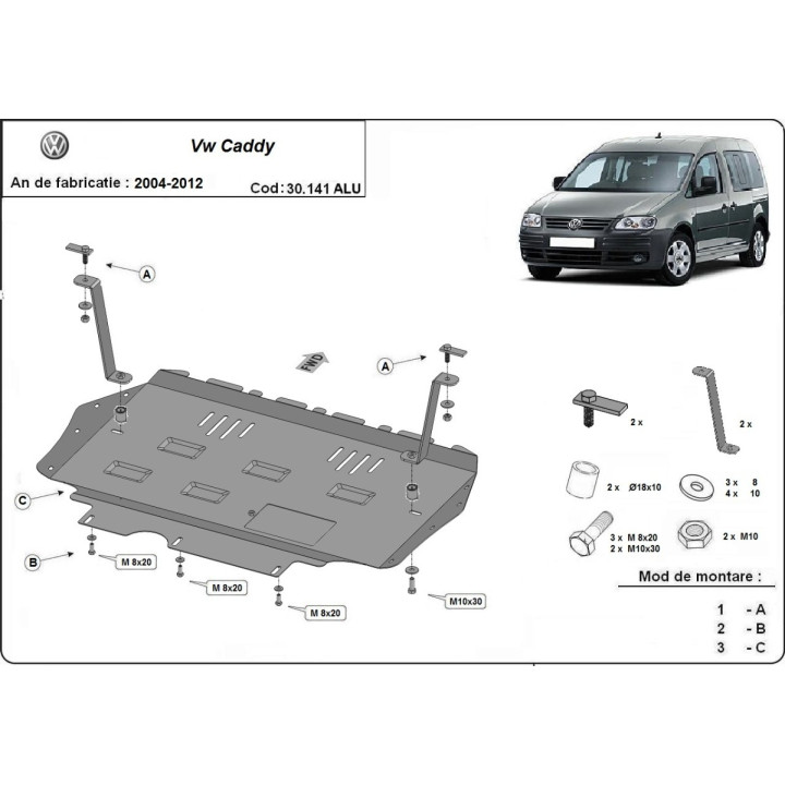 Aluminium Skid Plate for Engine, Scut Protection, Volkswagen Caddy 2004 - 2012 - EDK.ro