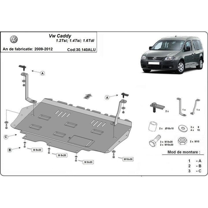 Aluminium Skid Plate for Engine, Scut Protection, Volkswagen Caddy 2009 - 2012 - EDK.ro