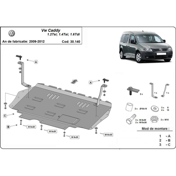 Metal Skid Plate for Engine, Scut Protection, Volkswagen Caddy 2010 - 2012 - EDK.ro