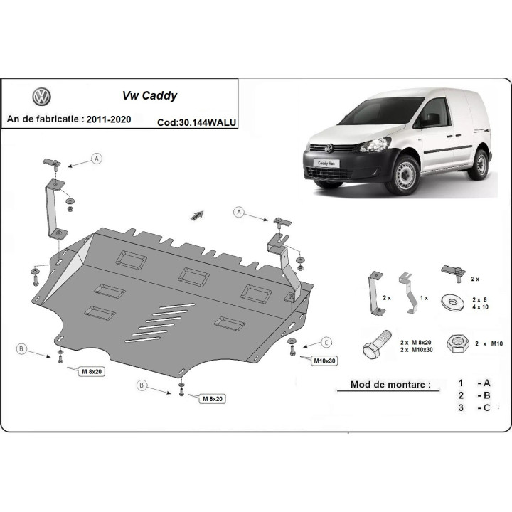 Aluminium Skid Plate for Engine, Scut Protection With Webasto, Volkswagen Caddy 2011 - 2020 - EDK.ro